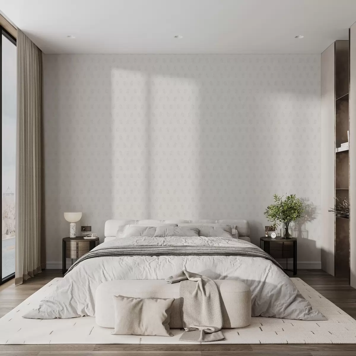 Wallpaper Ramuri mici, cu frunze, pe fundal gri a01281