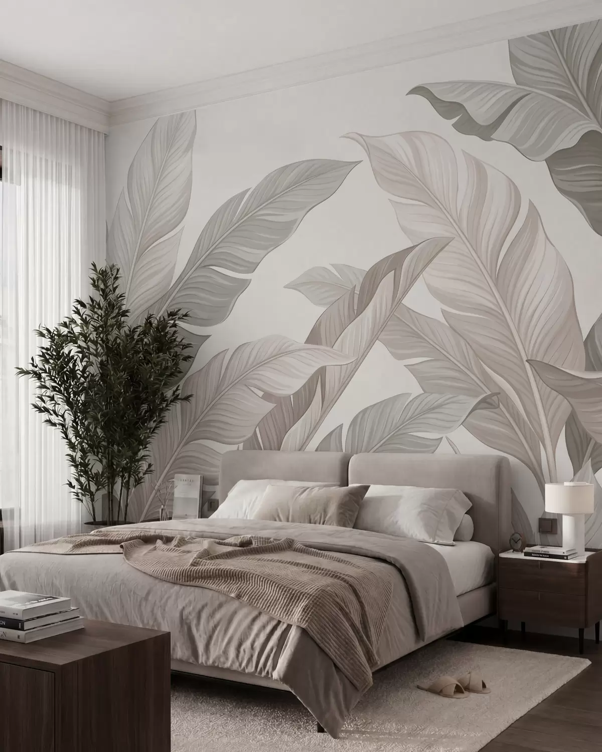 fototapet Frunze botanice delicate, în nuanțe naturale de bej și verde salvie w10089