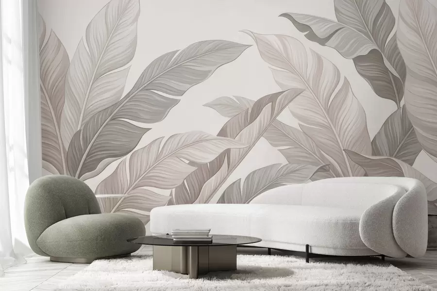 fototapet Frunze botanice delicate, în nuanțe naturale de bej și verde salvie w10089