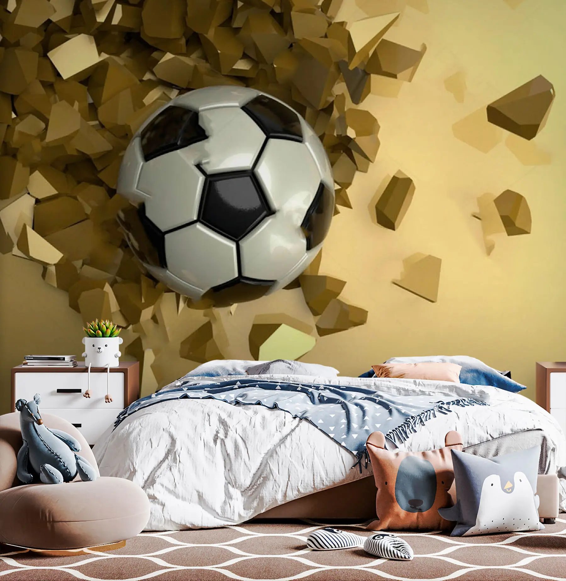 fototapet O minge de fotbal trece printr-un perete galben u72801