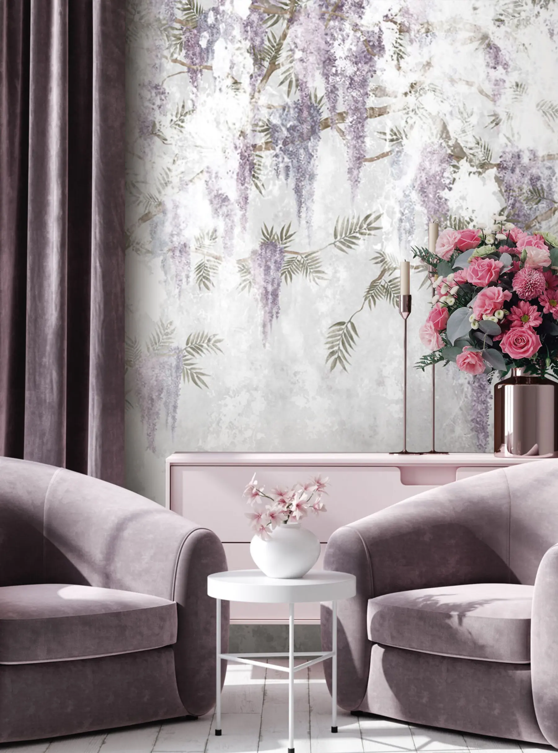 fototapet Agățat ramuri trendy grunge cu flori mov u73816