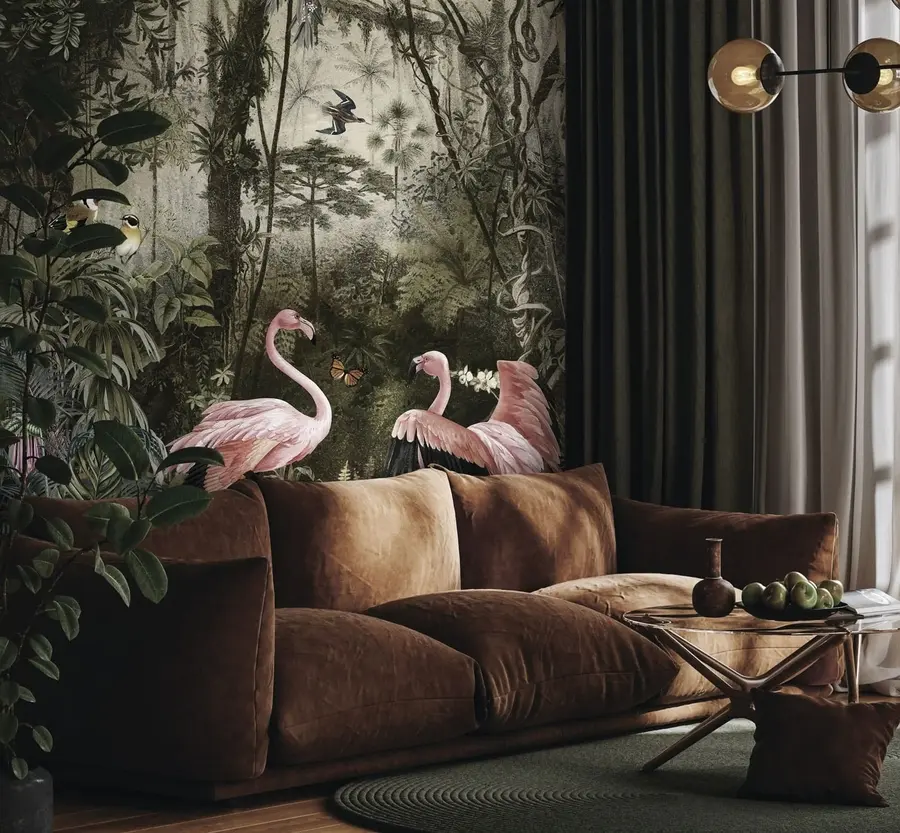 fototapet Păsări tropicale și flamingo în junglă u73568