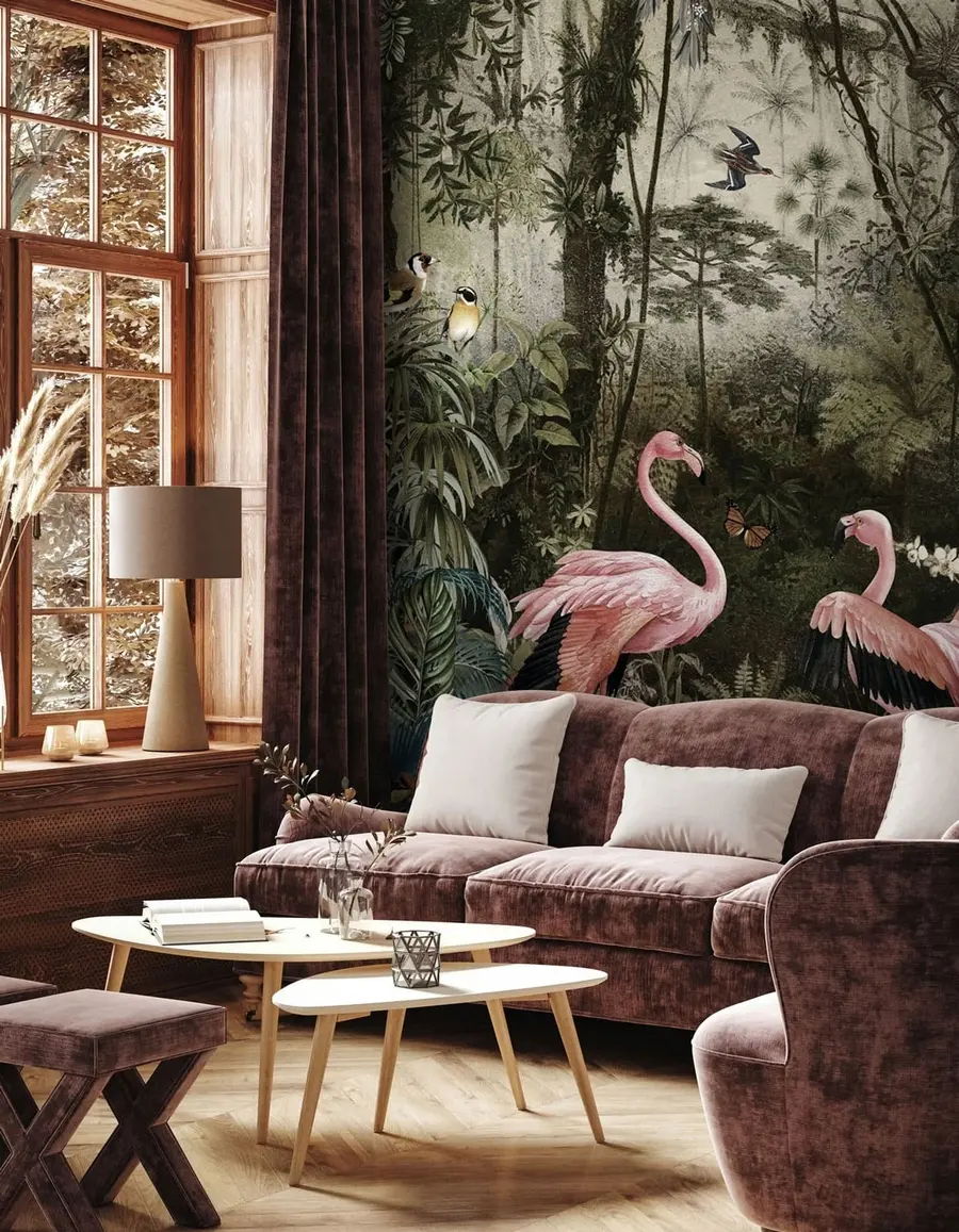 fototapet Păsări tropicale și flamingo în junglă u73568