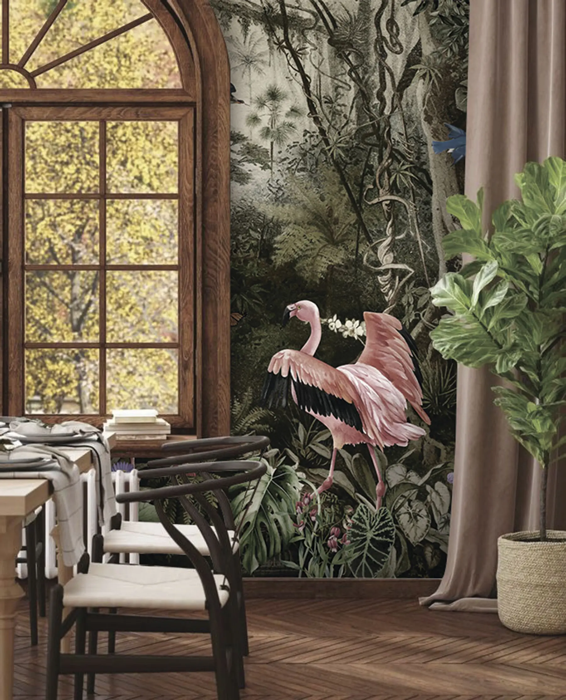 fototapet Păsări tropicale și flamingo în junglă u73568
