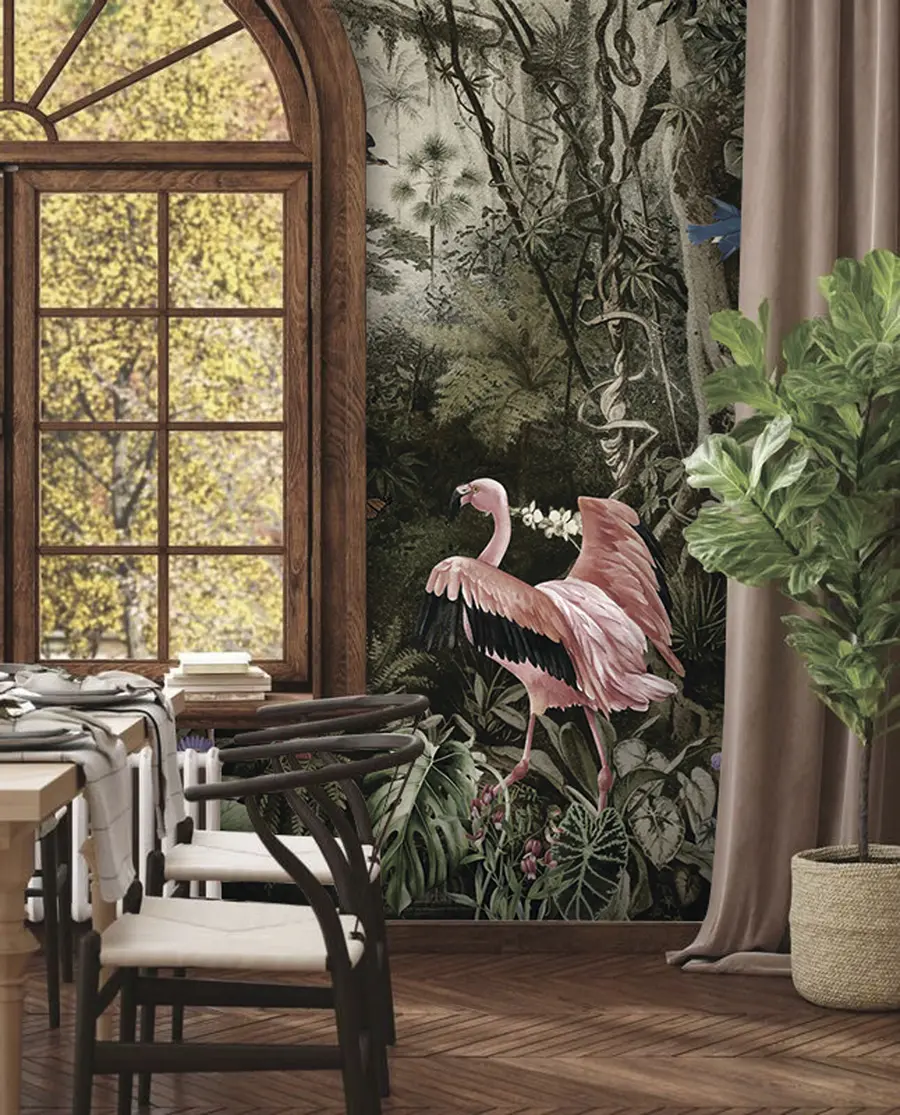fototapet Păsări tropicale și flamingo în junglă u73568