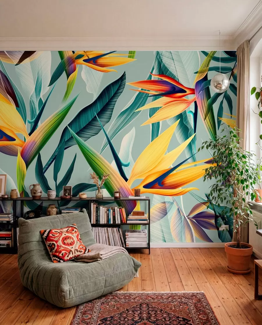 fototapet Plante tropicale trendy și frunze în culori strălucitoare u73960