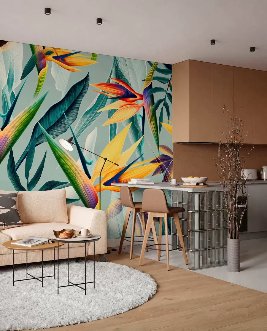 fototapet Plante tropicale trendy și frunze în culori strălucitoare u73960