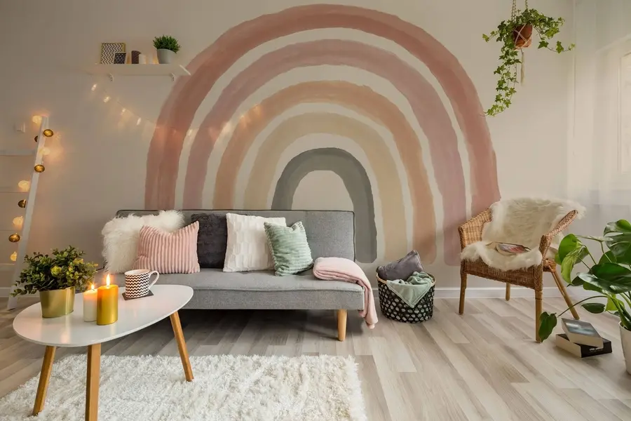 fototapet tapet în stil boho: coral piersică, roz curcubeu. Pastel curcubeu perete roz u93566