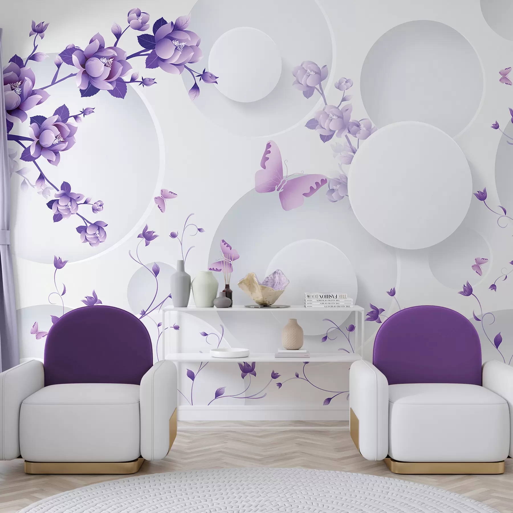 fototapet forme 3D cu flori și fluturi u74482