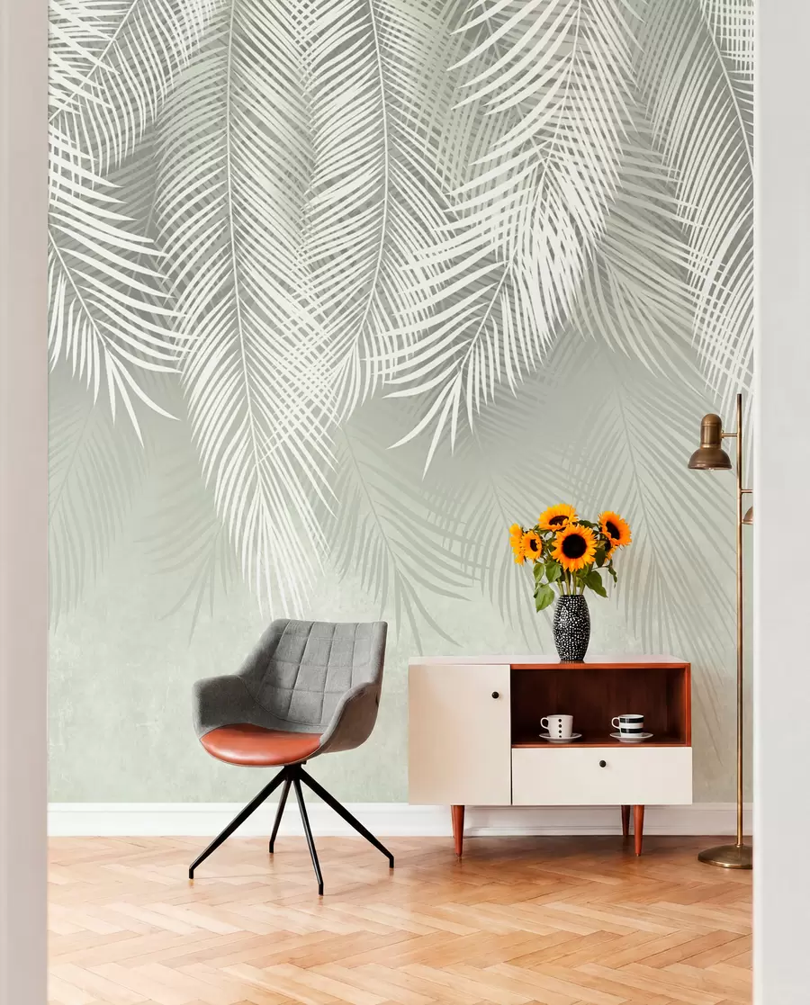 fototapet Palme albe de ramuri pe un fundal verde u74489