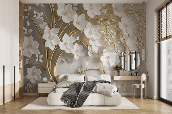 Tapet copac cu flori albe, Fototapet 3D, Fototapet 3D Flori, u94015 : Uwalls.md