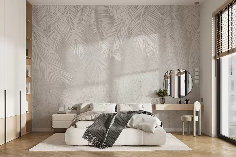 fototapet Frunze de palmier fragile albe cu textură grunge u94286