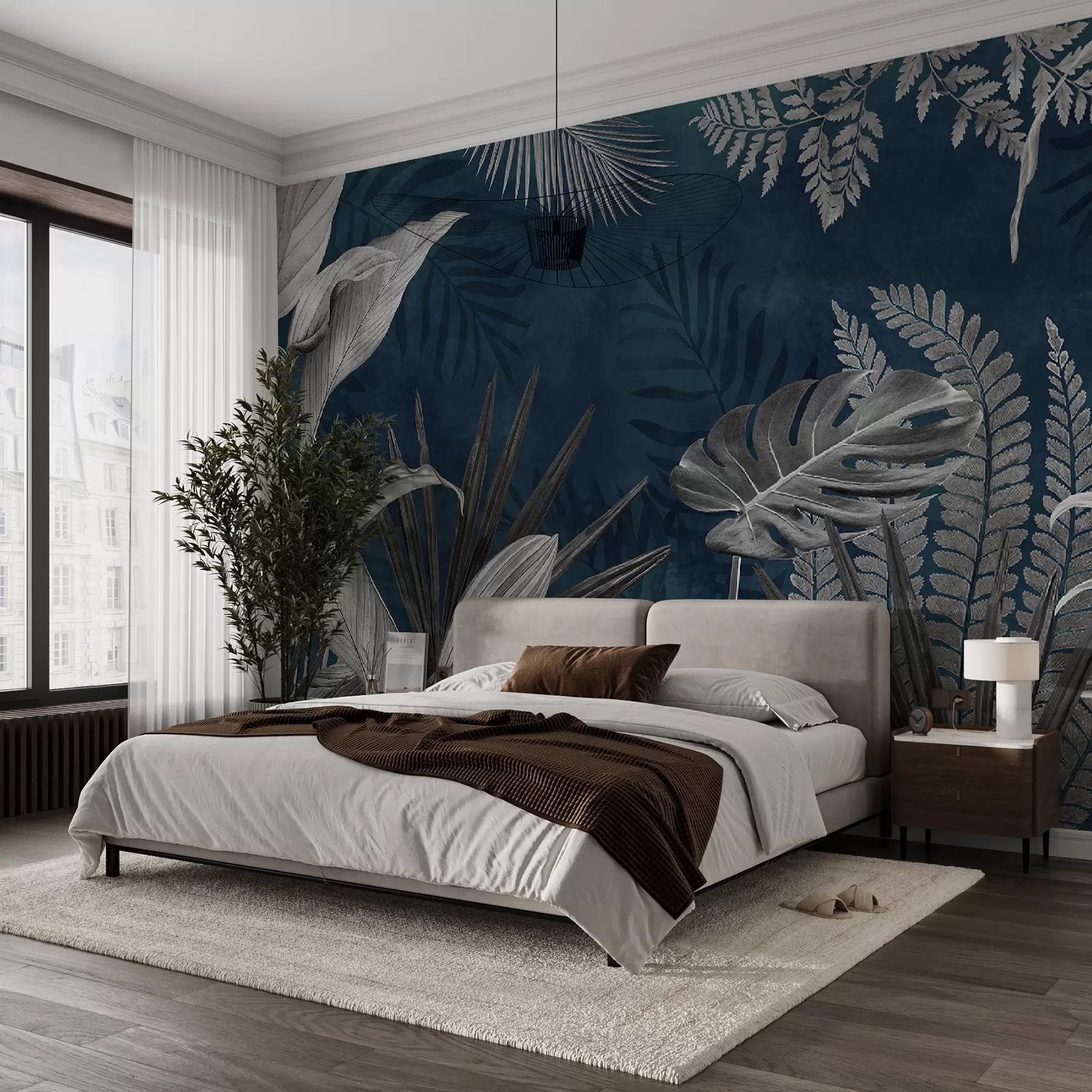 fototapet Frunze tropicale pe fundal albastru în stil grunge u94419