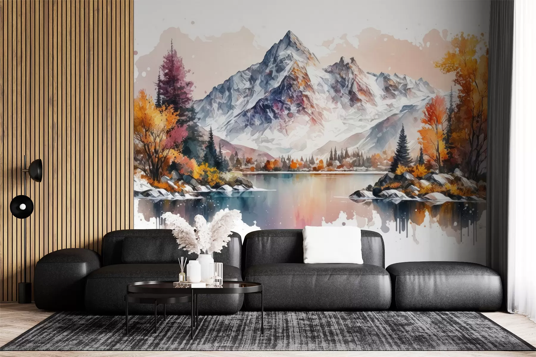 fototapet Acuarelă peisaj montan de toamnă cu zăpadă pe vârfuri u94782