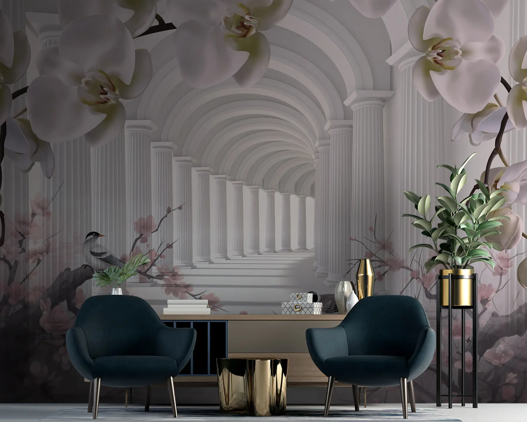 fototapet Tunel frumos cu păsări și orhidee u94513