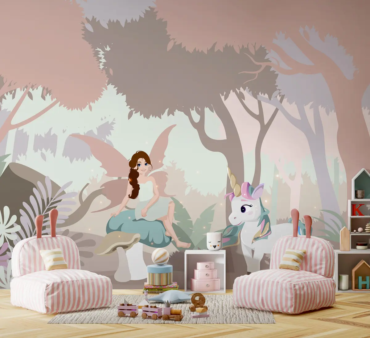 fototapet Prințesă cu unicorn în pădure roz u95038