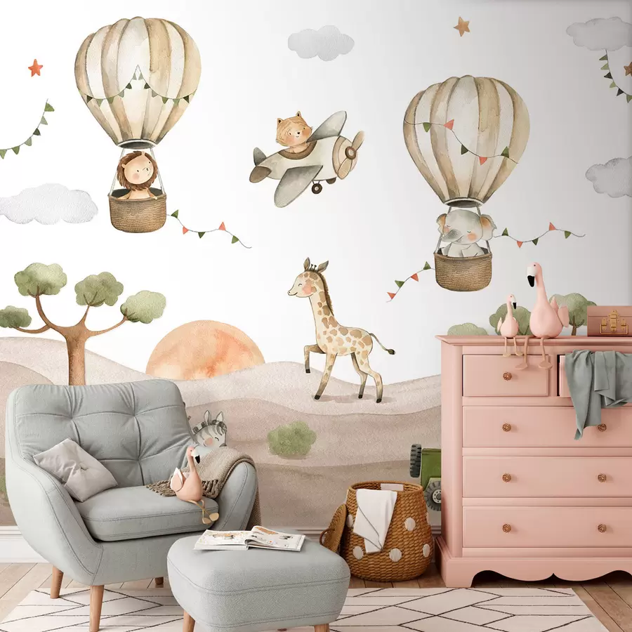 fototapet Desen acuarelă cu animale, baloane, avion și mașină u95882