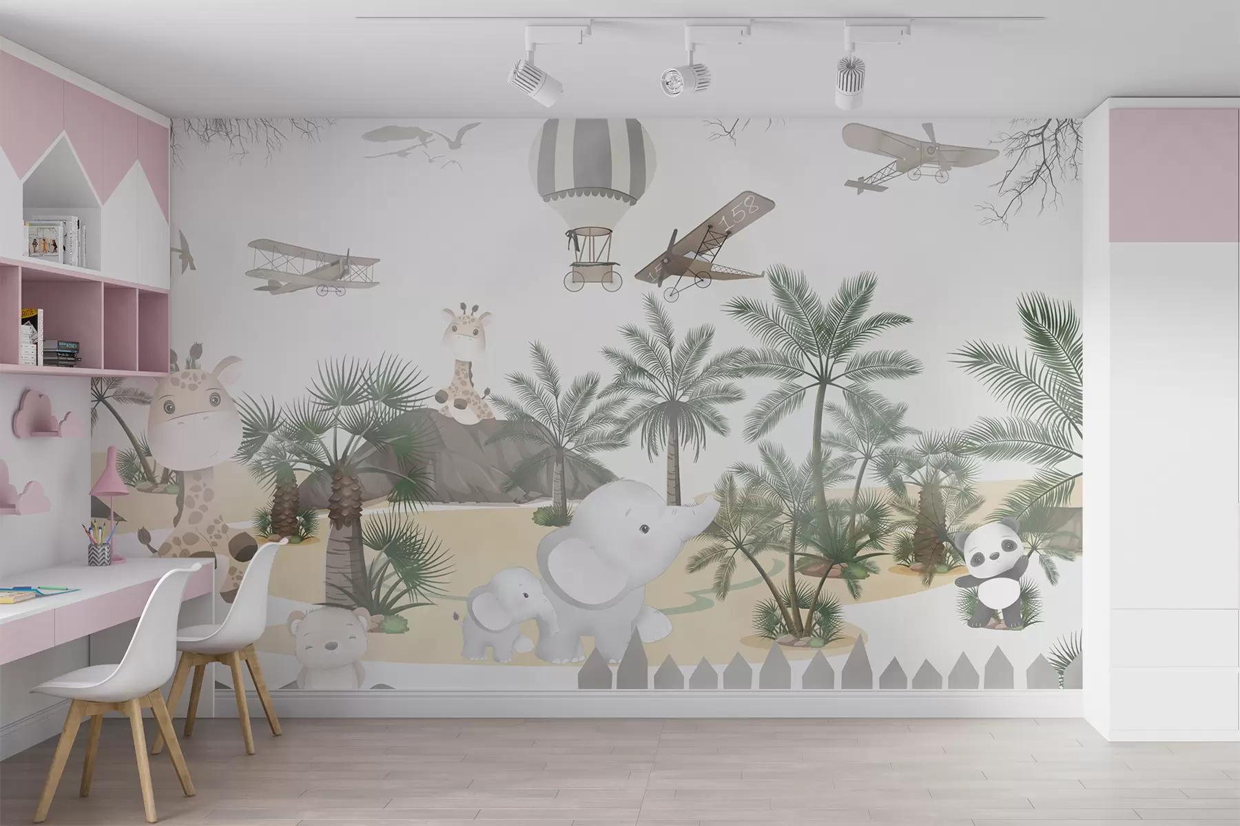 fototapet Design cu animale drăguțe, copaci tropicali și baloane u95899