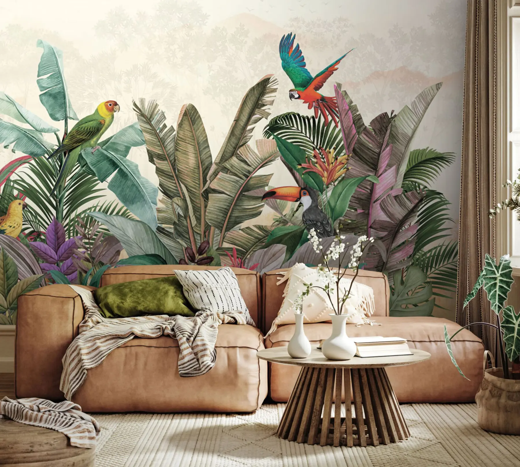 fototapet Vintage păsări tropicale papagal în frunze tropicale u96144