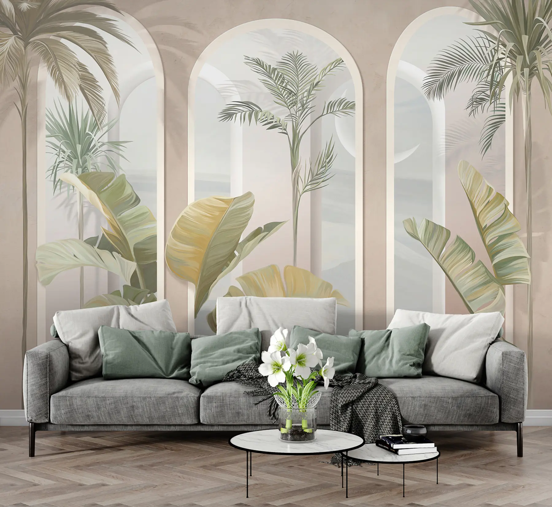 fototapet Tropical 3D frunze cu palme și coloane u96402
