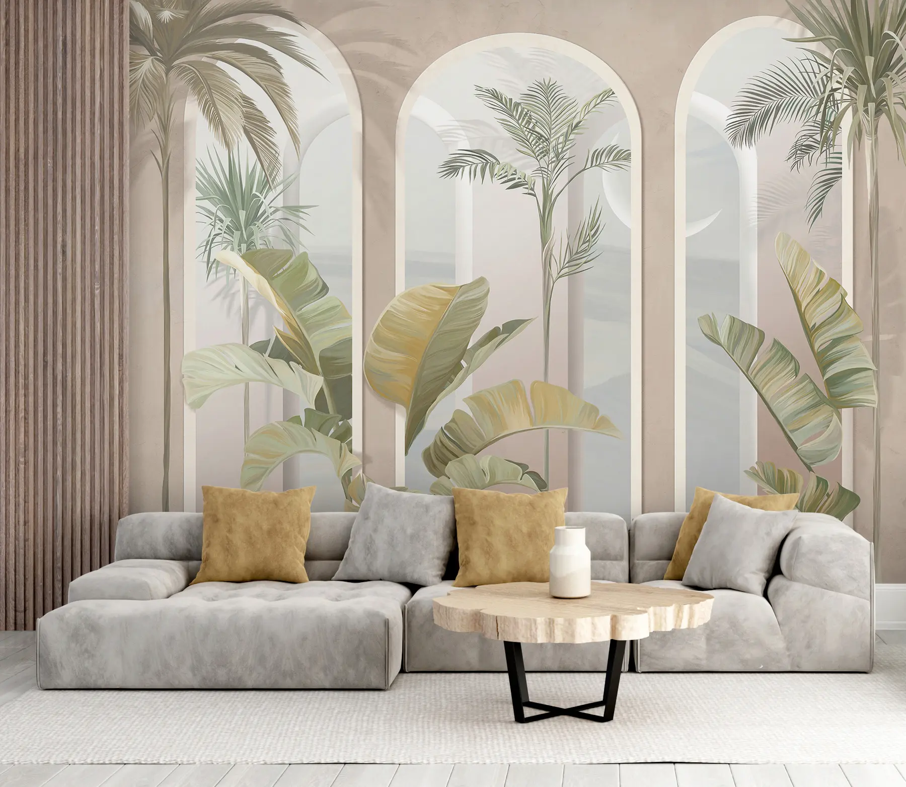 fototapet Tropical 3D frunze cu palme și coloane u96402
