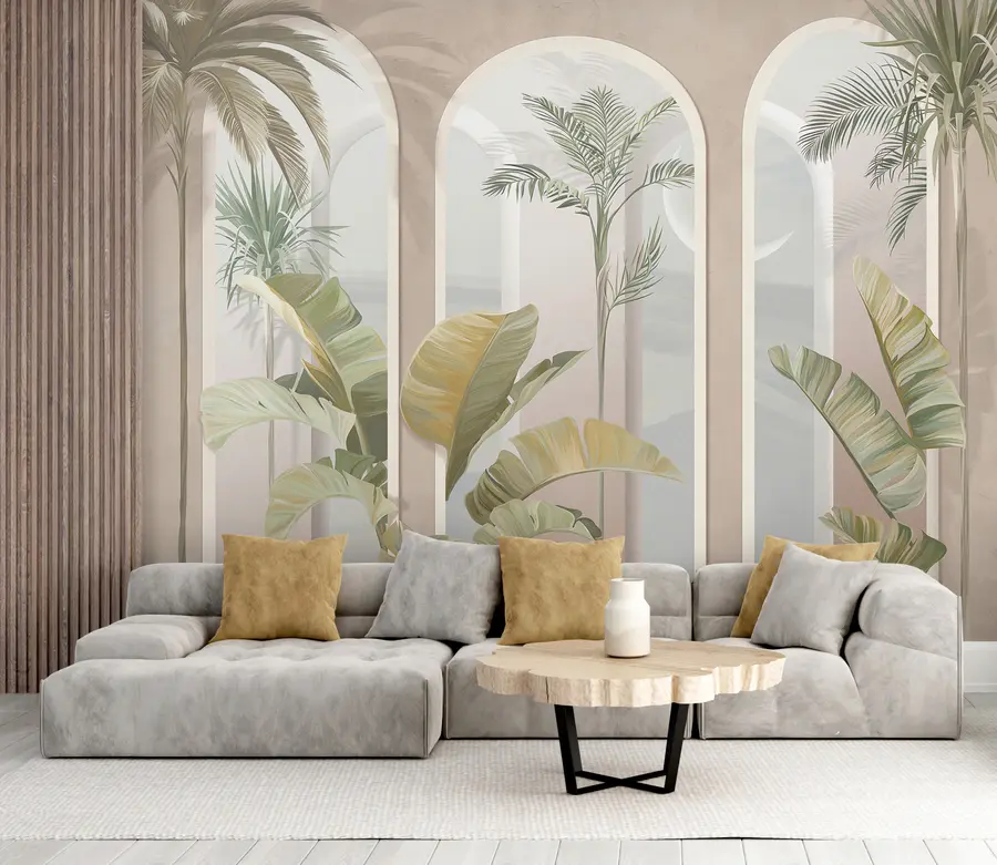 fototapet Tropical 3D frunze cu palme și coloane u96402
