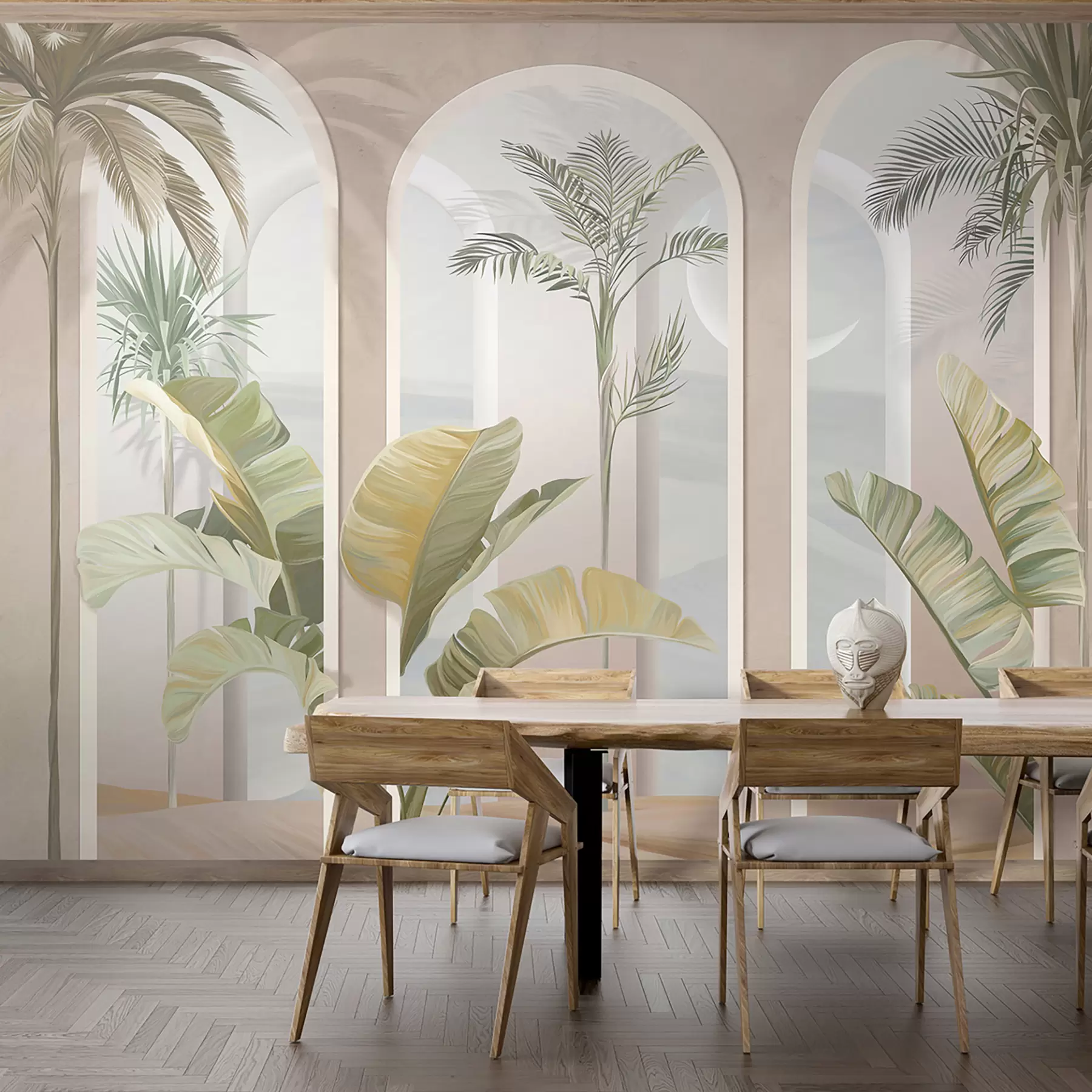 fototapet Tropical 3D frunze cu palme și coloane u96402