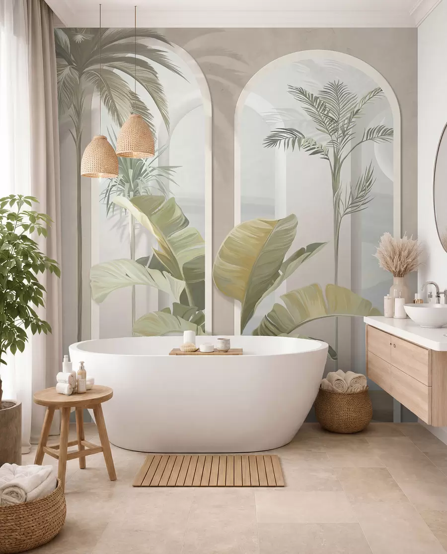fototapet Tropical 3D frunze cu palme și coloane u96402