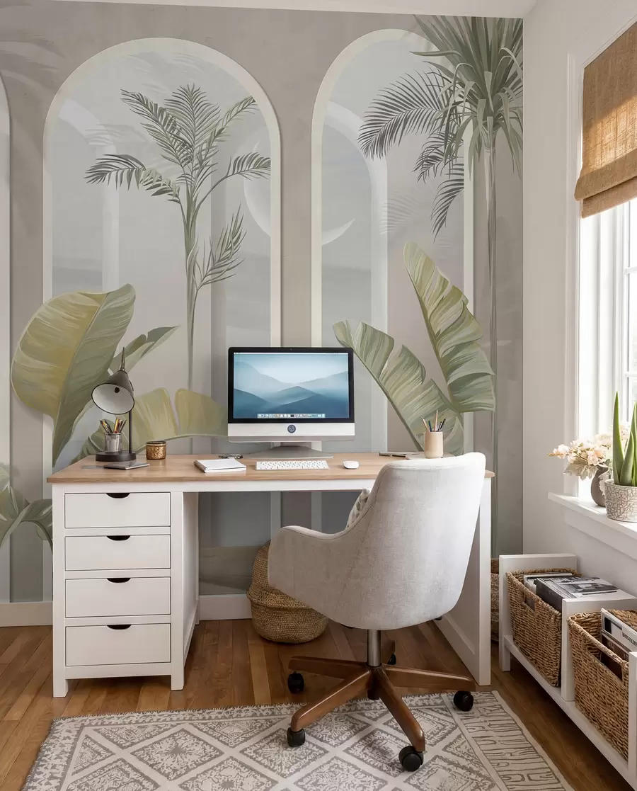 fototapet Tropical 3D frunze cu palme și coloane u96402