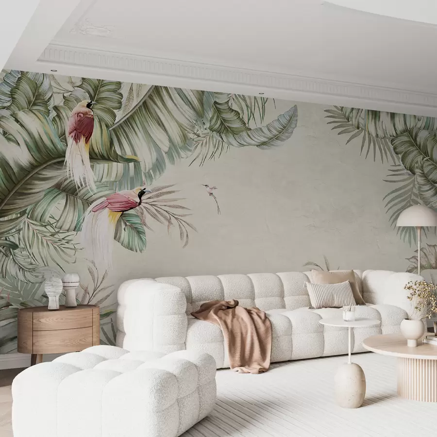fototapet Plante tropicale și păsări pe fundal texturat u96550