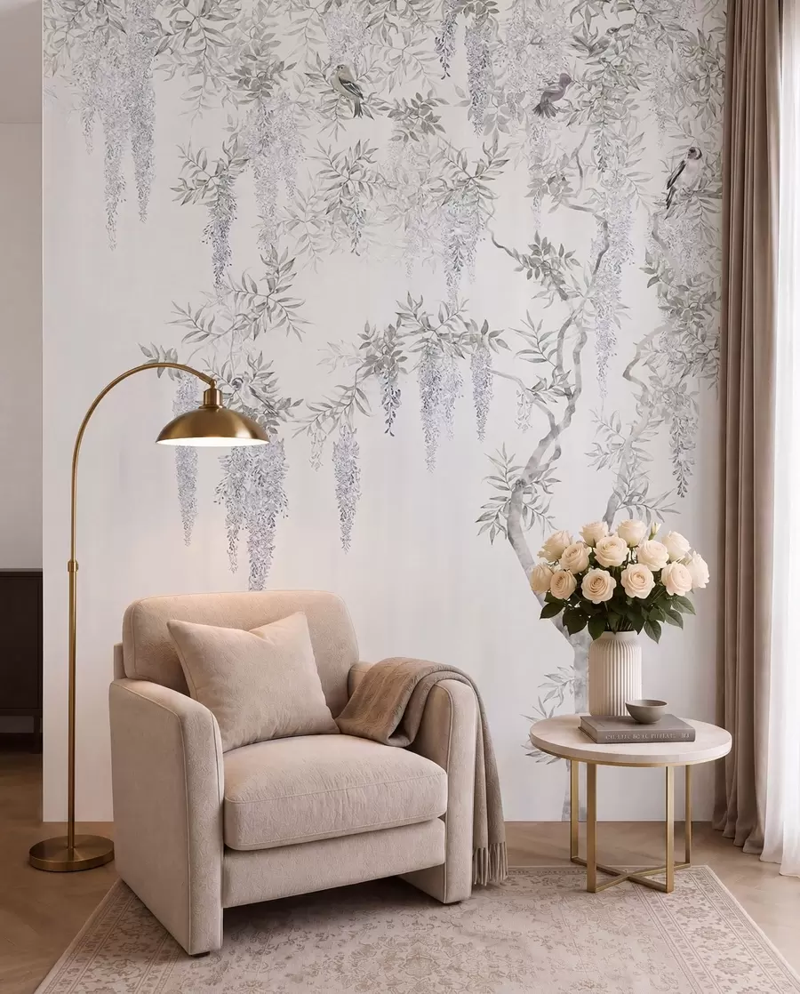 fototapet Flori de glicină, glicină, minimalism, monocrom, loft și stil japonez u96928