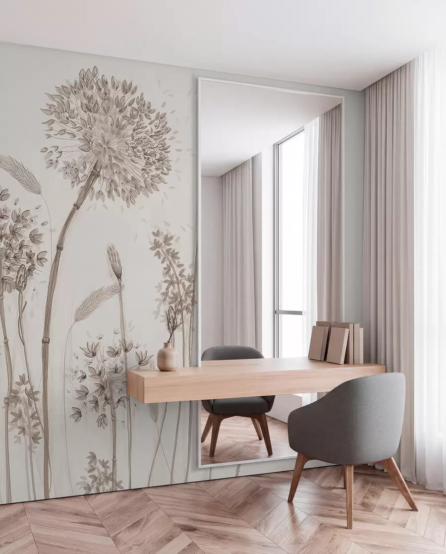 fototapet Pajiște mare flori de păpădii stil monocrom loft minimalism u96934
