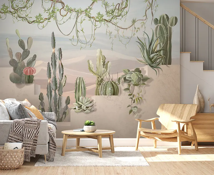 fototapet 3D tapet natura cu cactus și vedere tropicală u96445