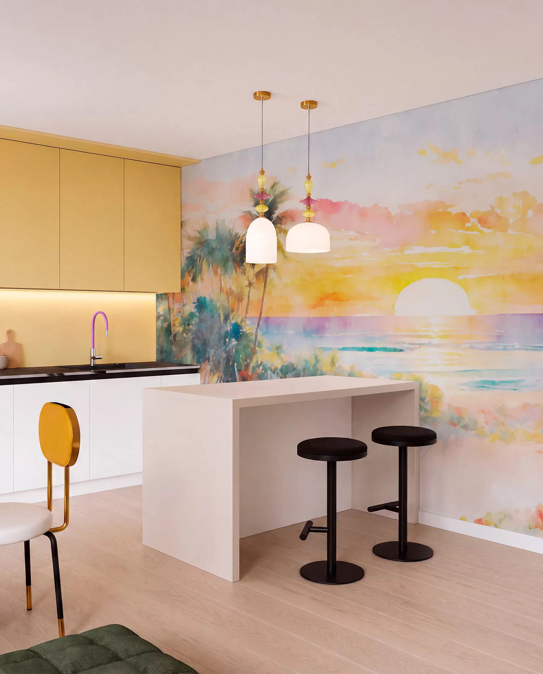 fototapet Palmieri și apus de soare pe plajă u97312