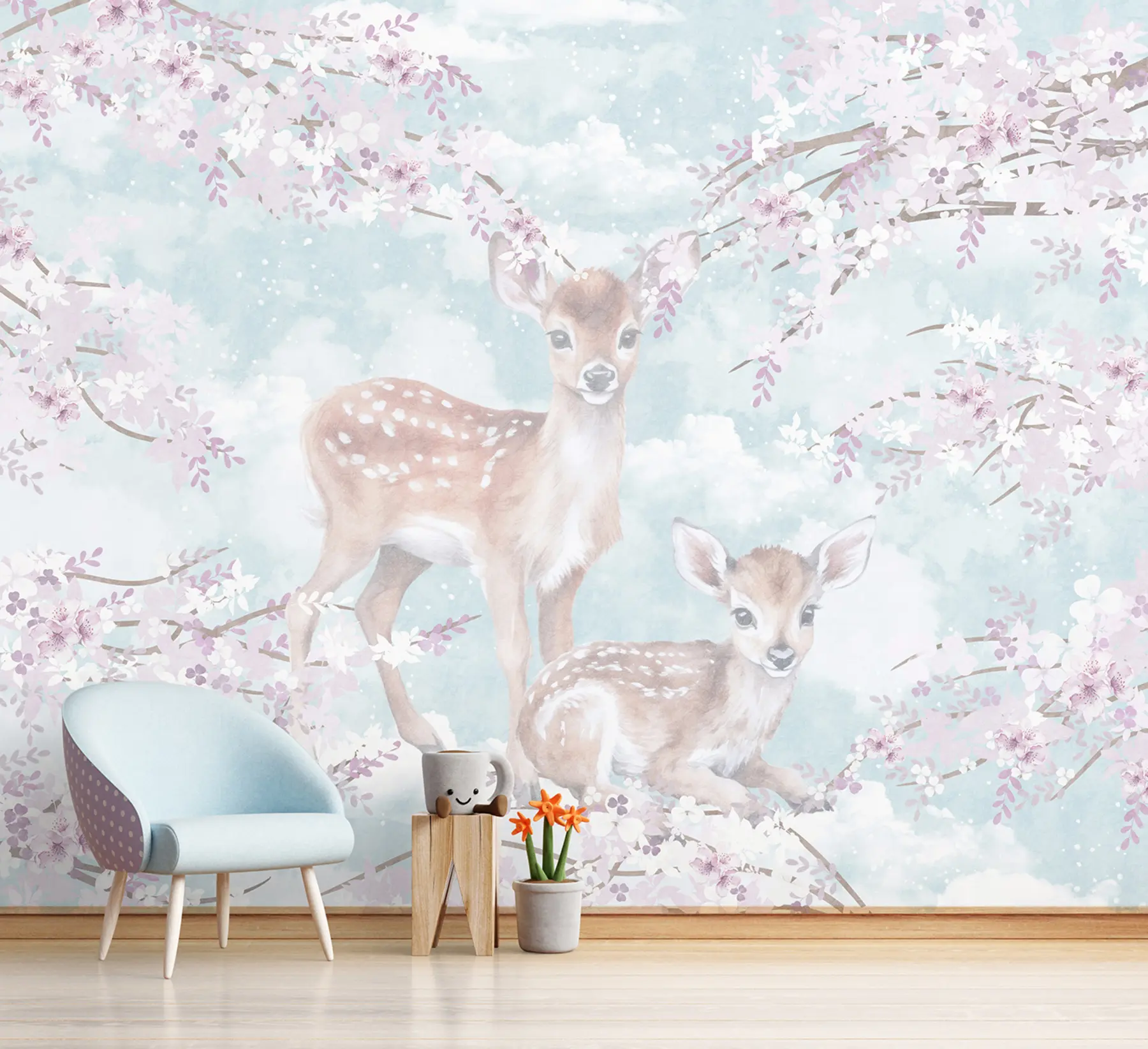 fototapet Pui de cerb printre copacii înfloriți u97464