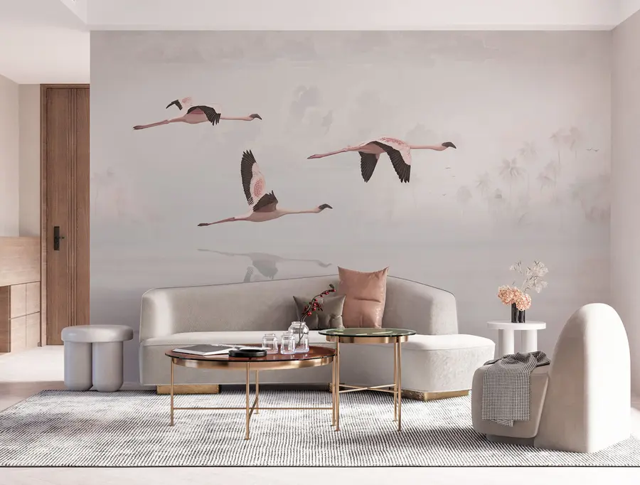 fototapet Flamingo roz deasupra junglei tropicale plajă și mare u97457