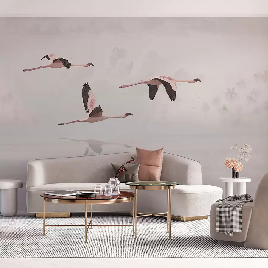 fototapet Flamingo roz deasupra junglei tropicale plajă și mare u97457