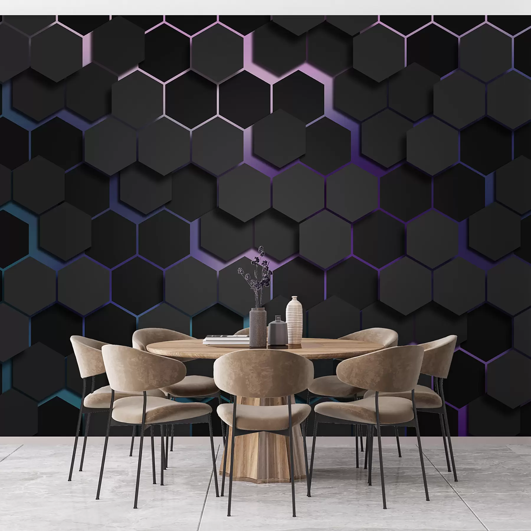 fototapet Hexagoane negre cu efect 3d în culorile negru și violet u79935v2