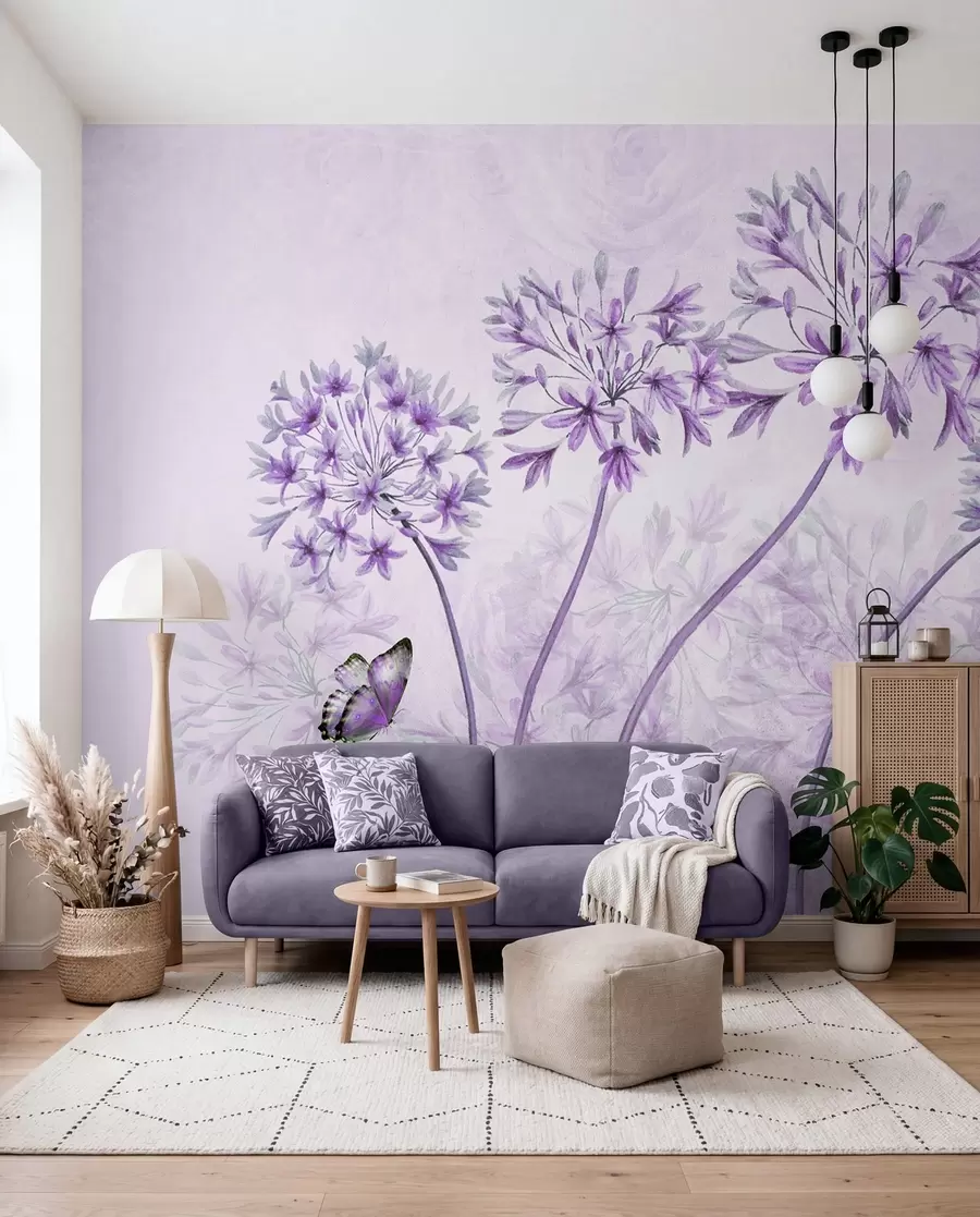 fototapet Plante, flori și albastru în culori roz u35495v3