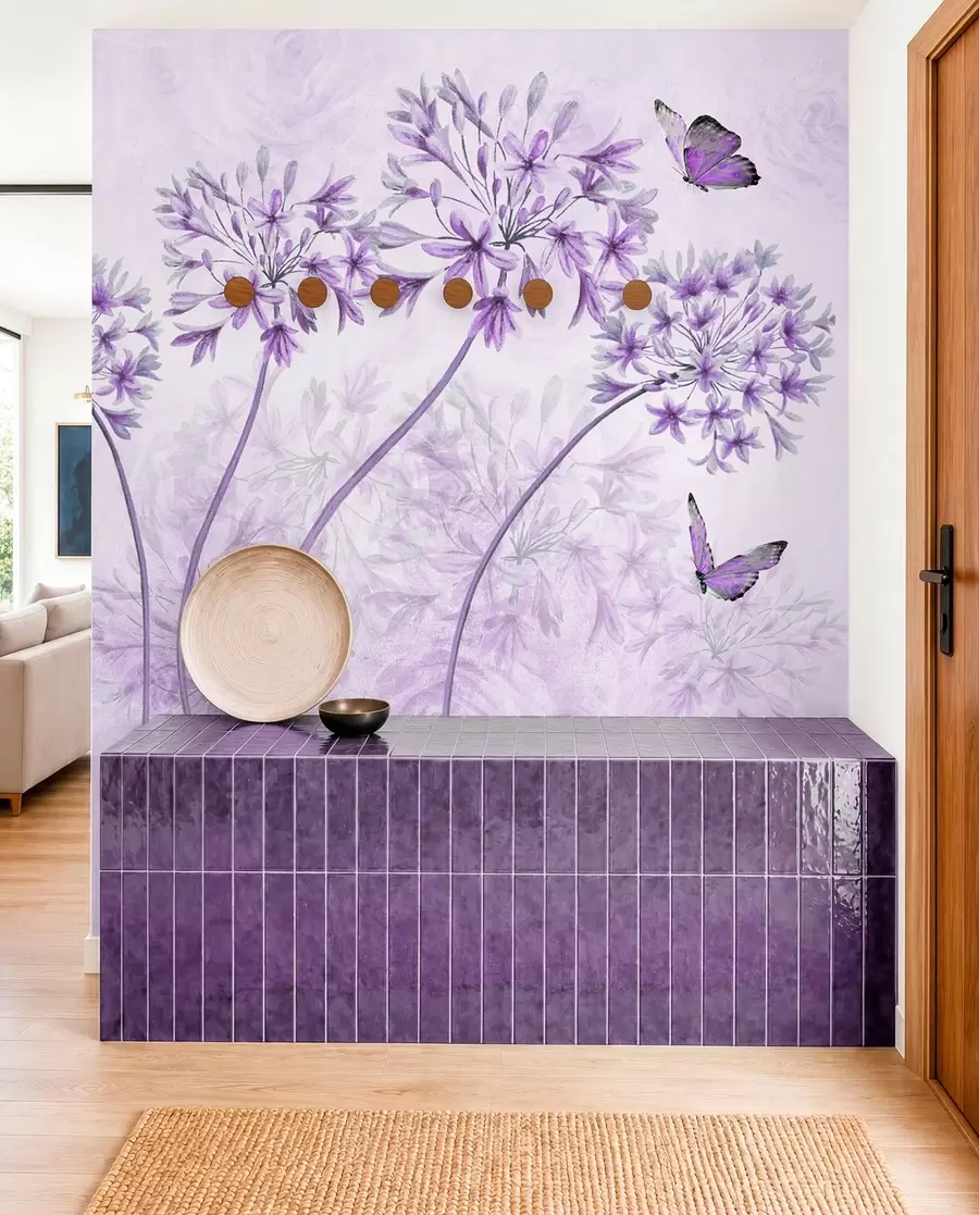 fototapet Plante, flori și albastru în culori roz u35495v3