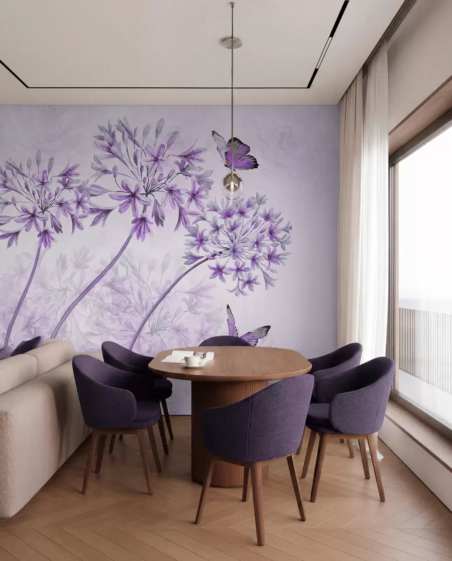 fototapet Plante, flori și albastru în culori roz u35495v3