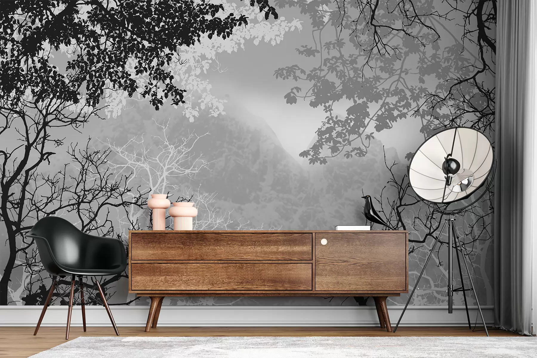 fototapet Ilustrație de pădure pe un fundal de munți cu ceață u98050