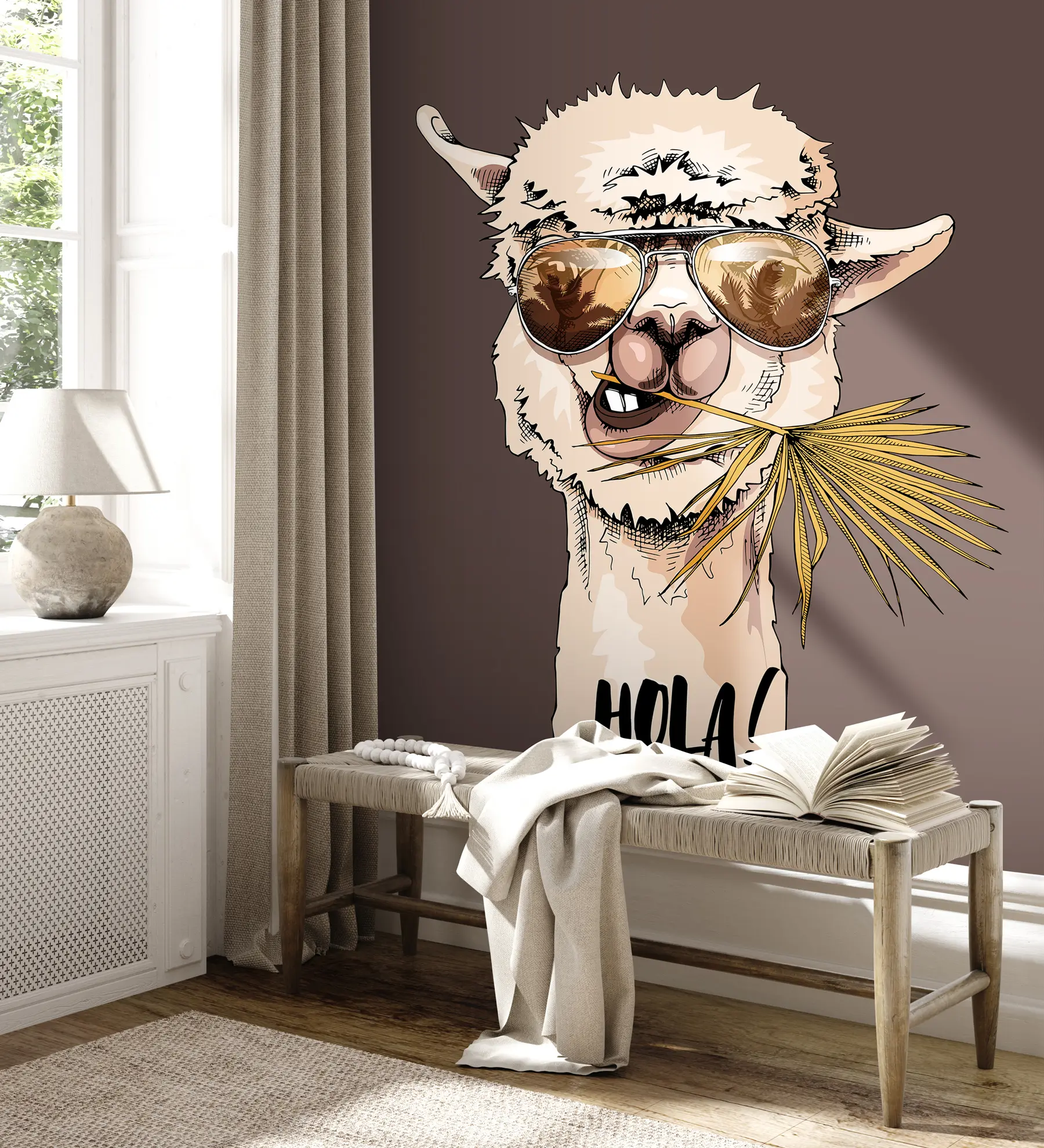 fototapet Portretul unui lama care poartă ochelari de soare cu o frunză de palmier evantai u98177