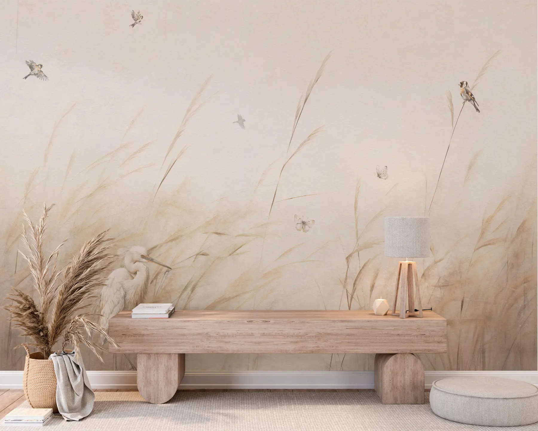 fototapet Păsări pe lac printre flori uscate, plante și iarbă u98439