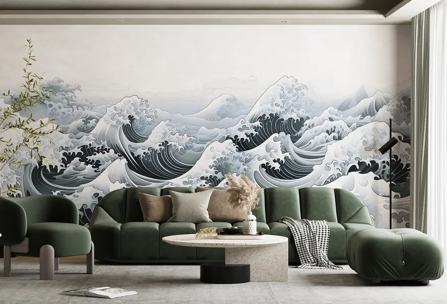 fototapet Valuri de mare în stil japonez, temă oceanică, marin, culori moi u98898