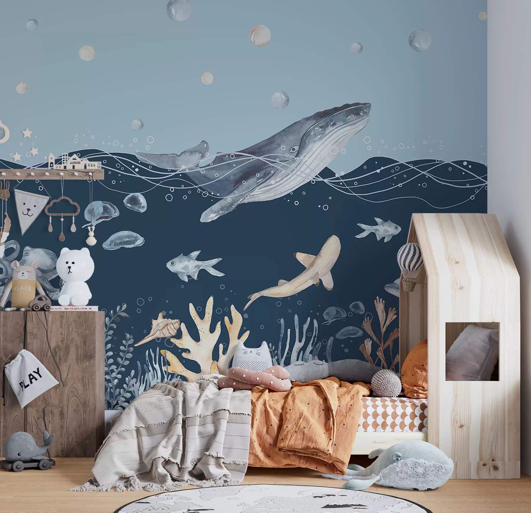 fototapet Viața subacvatică a mării, balenă, delfin, corali, animale marine, temă oceanică, culori pastelate u98902