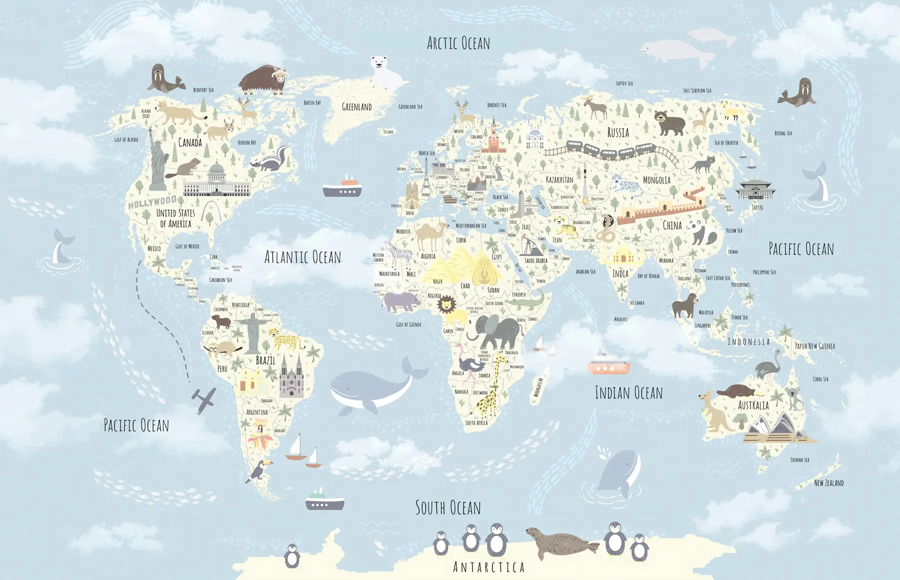 fototapet Harta lumii pentru copii cu animale și repere u96587