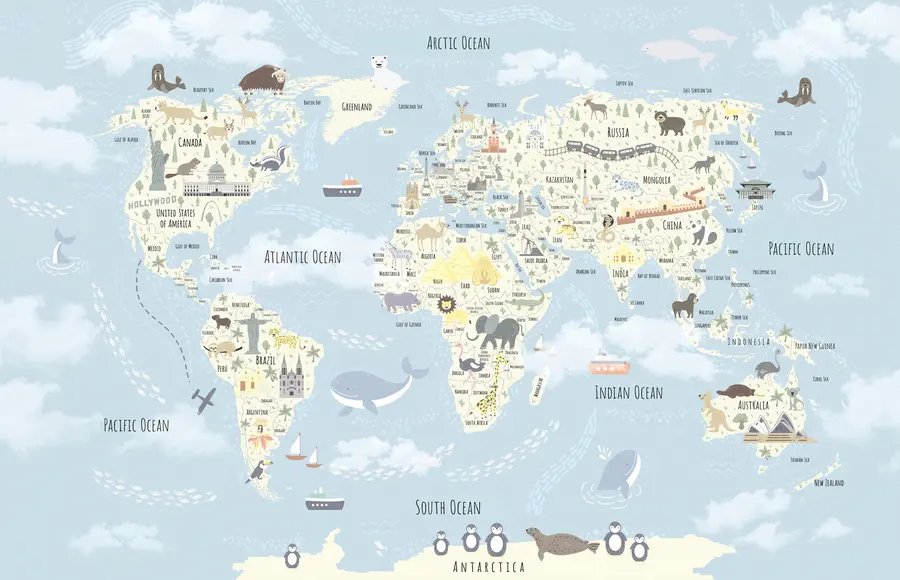 fototapet Harta lumii pentru copii cu animale și repere u96587