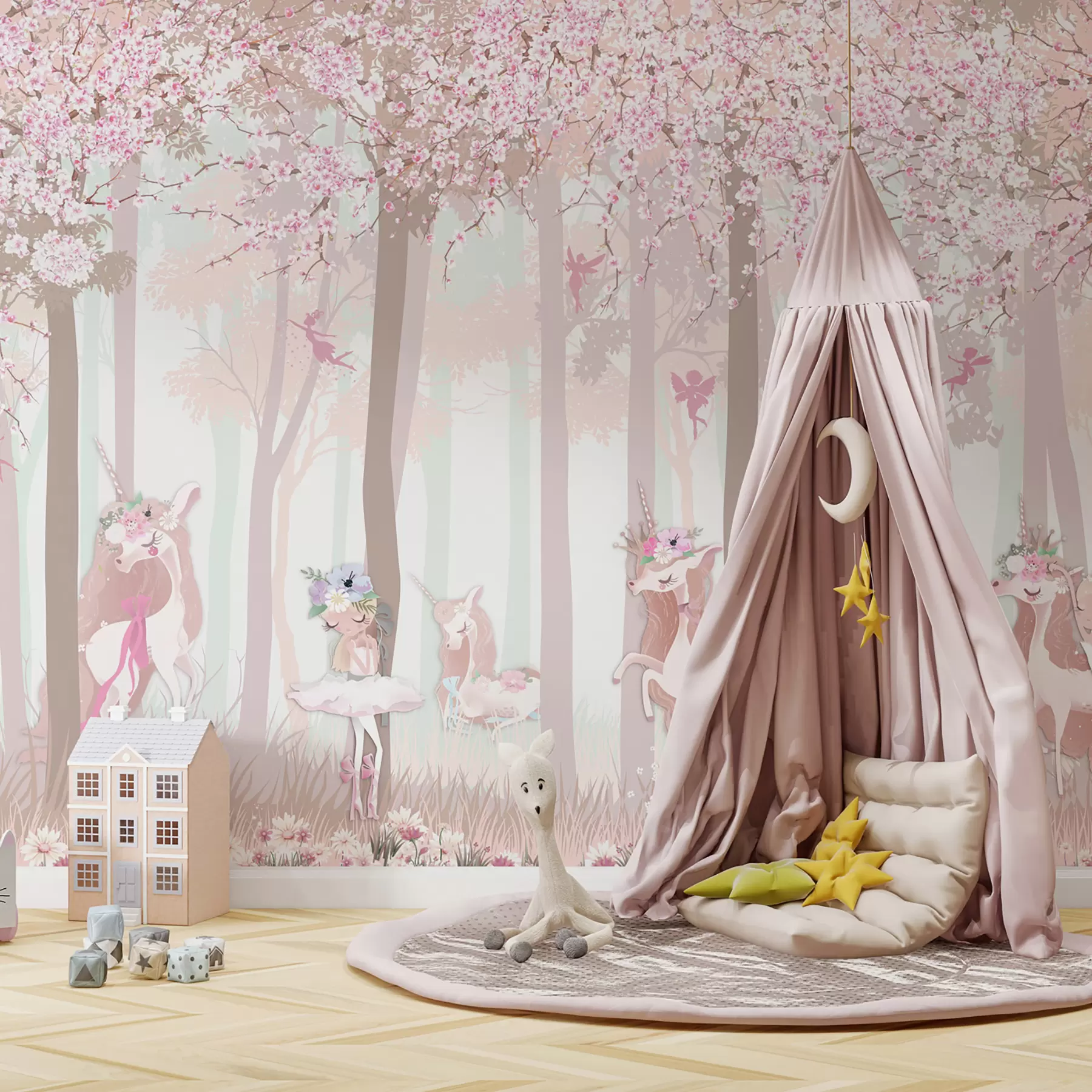 fototapet O pădure cu prințese și unicorni u98694