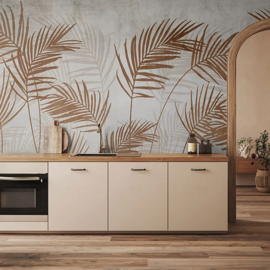 fototapet Design tapet cu copaci tropicali și frunze în pădurea cețoasă u98974